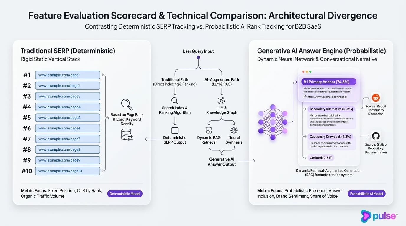 Feature evaluation scorecard and technical comparison diagram showing the architectural divergence between Deterministic SERP Tracking and Probabilistic AI Rank Tracking for B2B SaaS