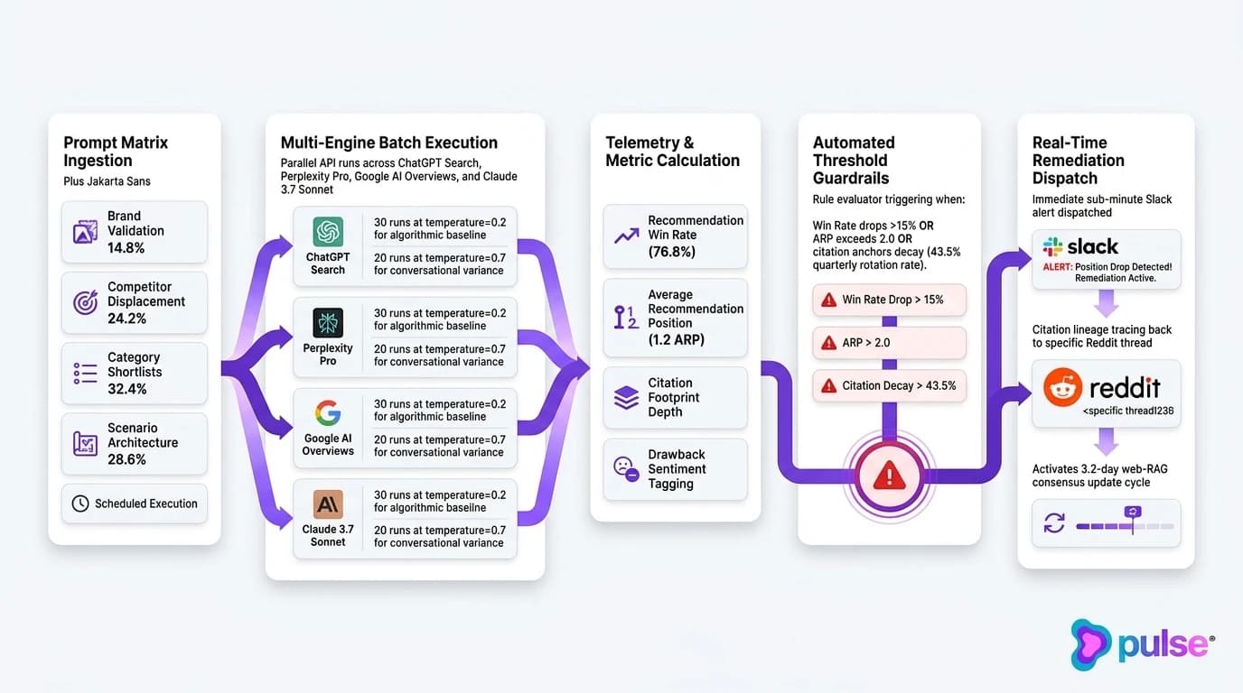 Tactical workflow diagram of automated multi-model batch rank testing and position drop alerting pipeline for B2B SaaS