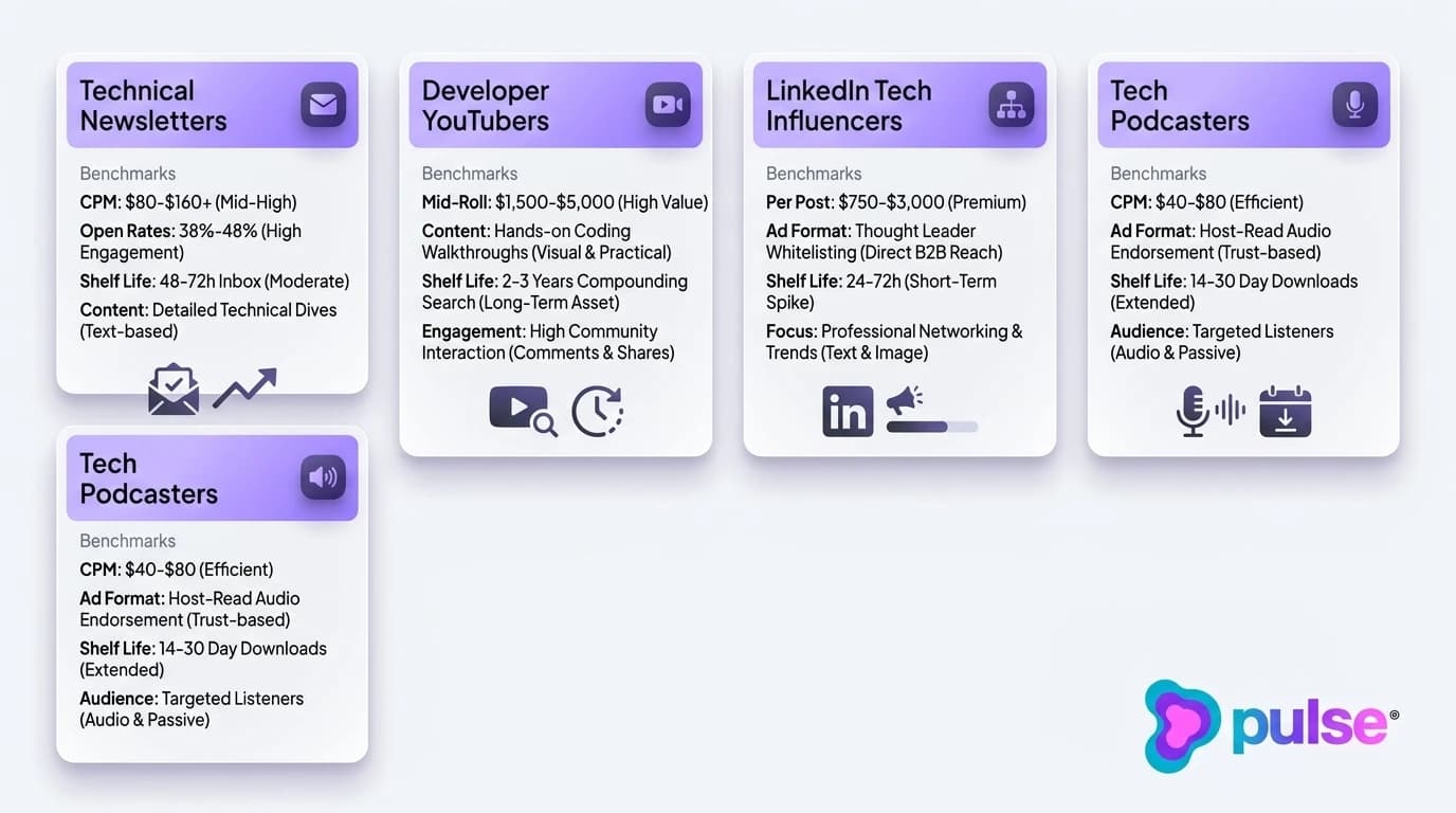 Comparative scorecard benchmarking pricing, formats, shelf life, and whitelisting potential across B2B tech creator channels