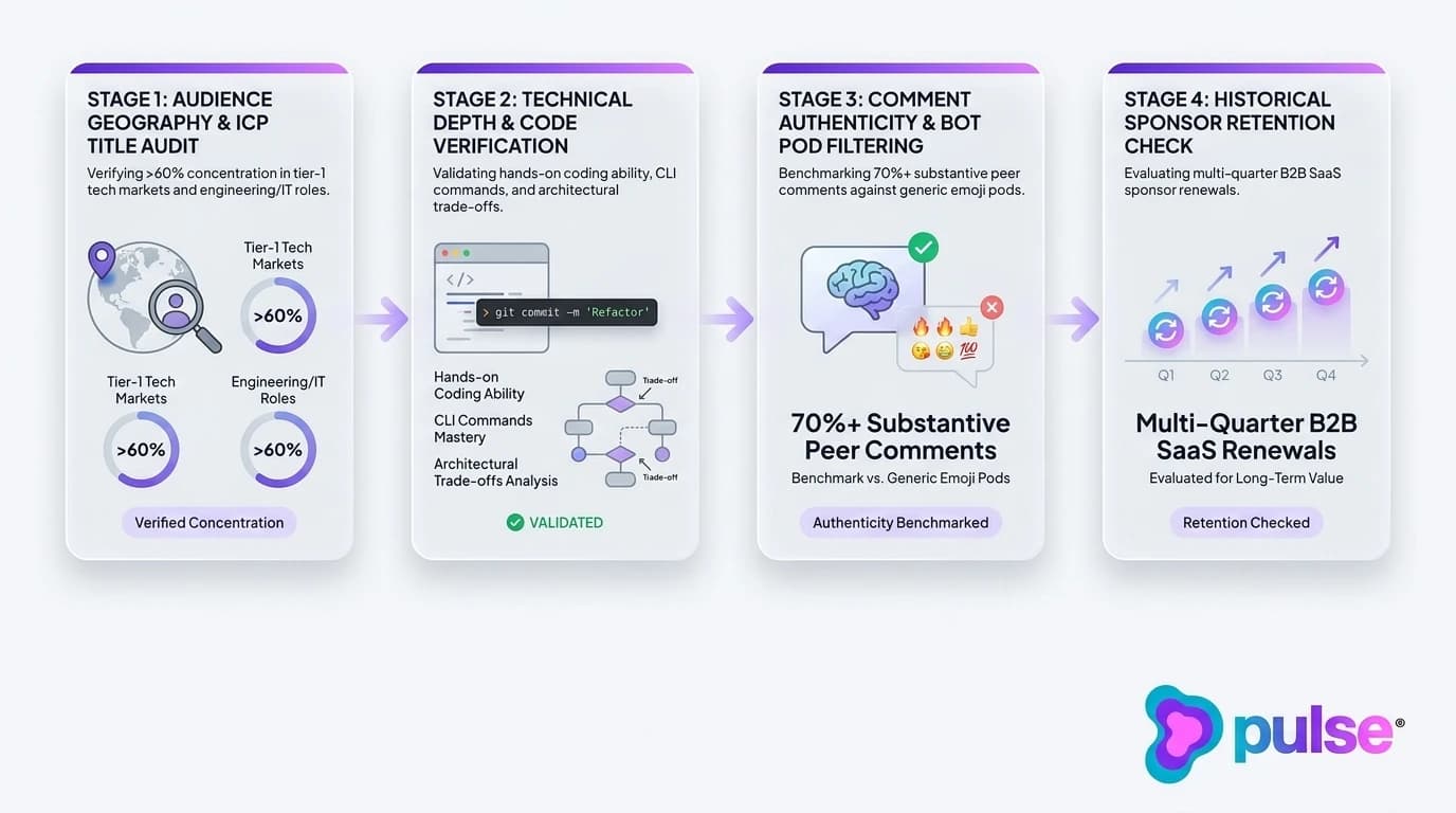 Tactical workflow diagram illustrating the 4-stage technical creator vetting process for B2B SaaS