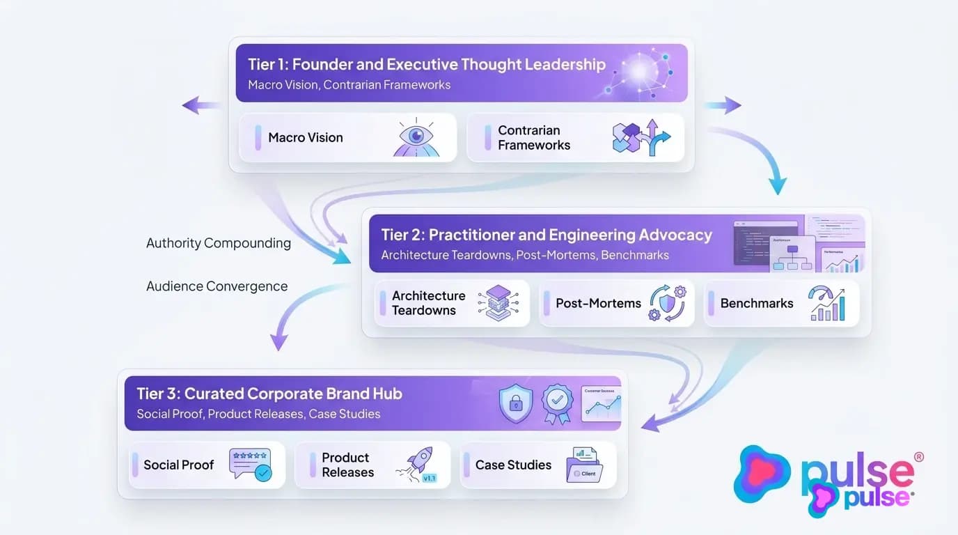 Technical architecture diagram illustrating the 3-tier B2B SaaS social distribution model