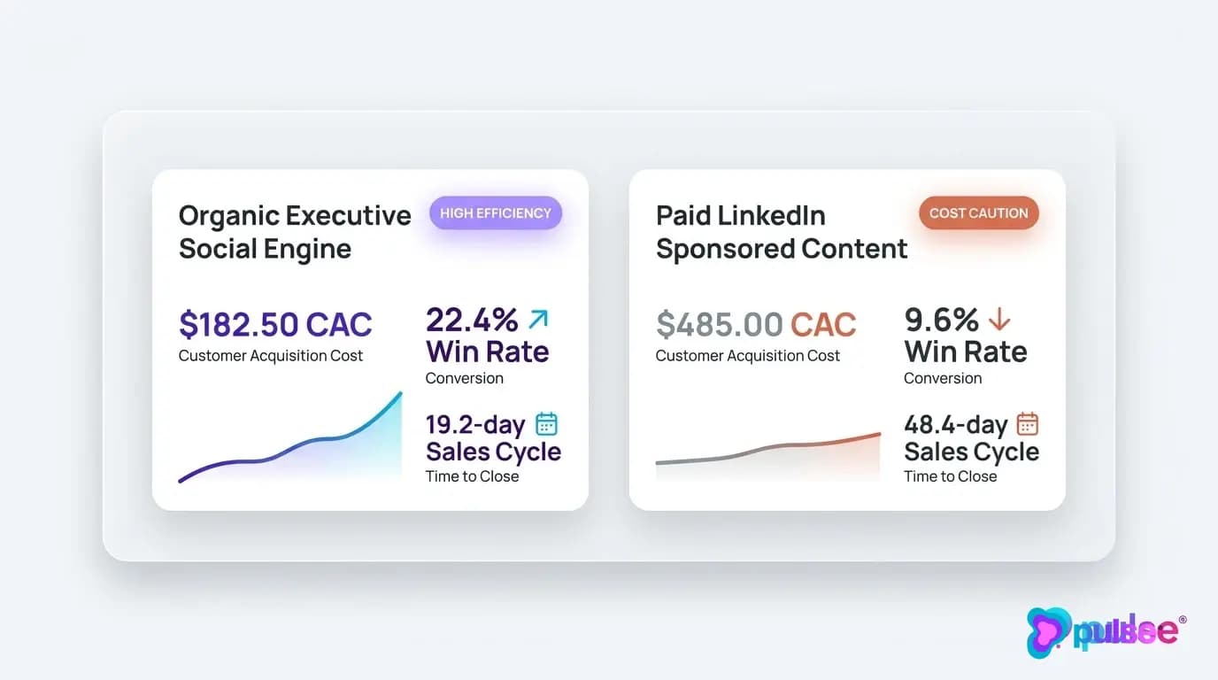 Financial comparison scorecard contrasting organic social acquisition economics against paid LinkedIn ads