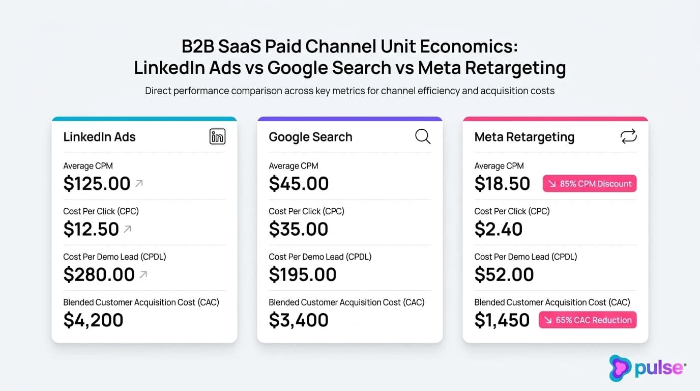 Analytical comparison scorecard showing B2B SaaS paid acquisition unit economics across LinkedIn Ads, Google Search, and Meta Retargeting