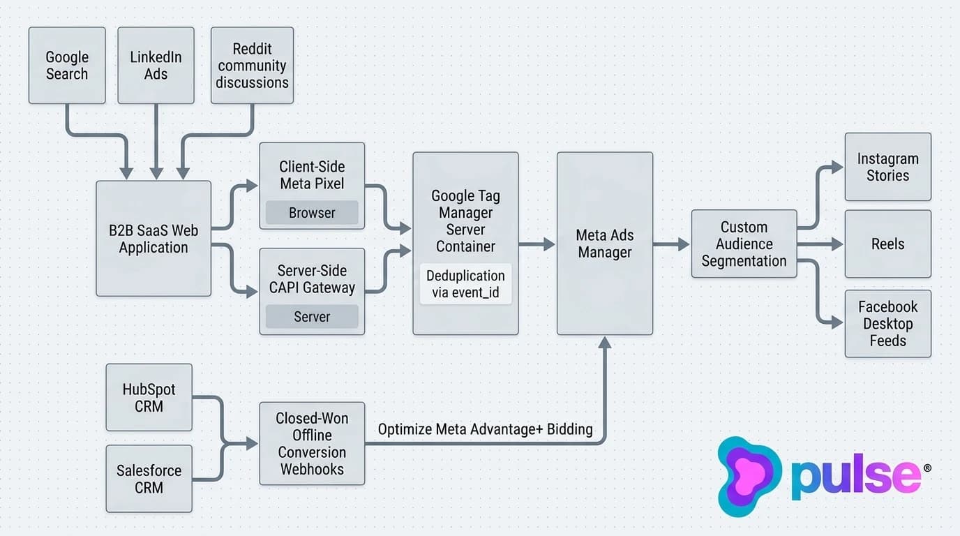 Technical architecture diagram of the B2B cross-channel retargeting bridge with Meta Conversions API and CRM offline sync