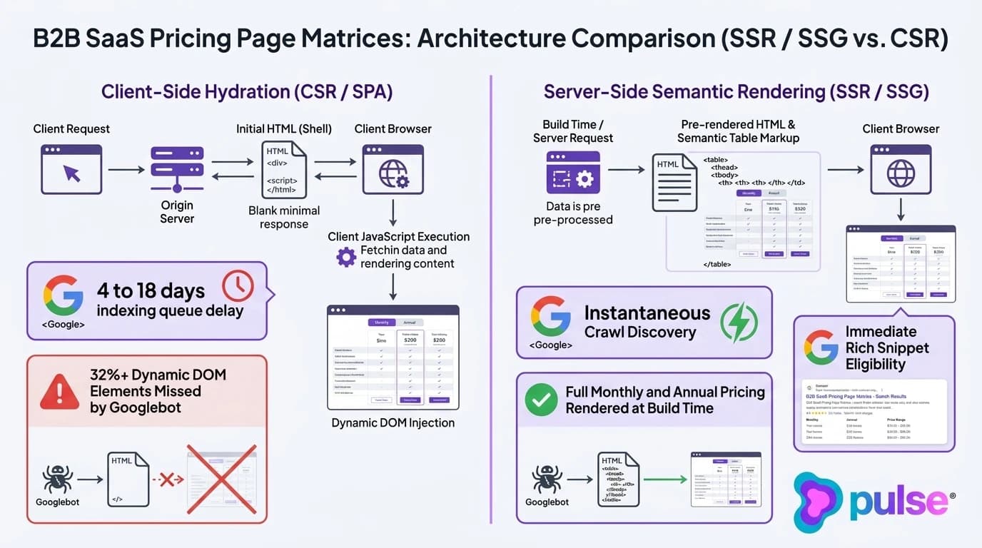 Technical architecture diagram comparing Server-Side Rendering (SSR) vs Client-Side Rendering (CSR) for SaaS pricing toggle hydration and search engine crawlability