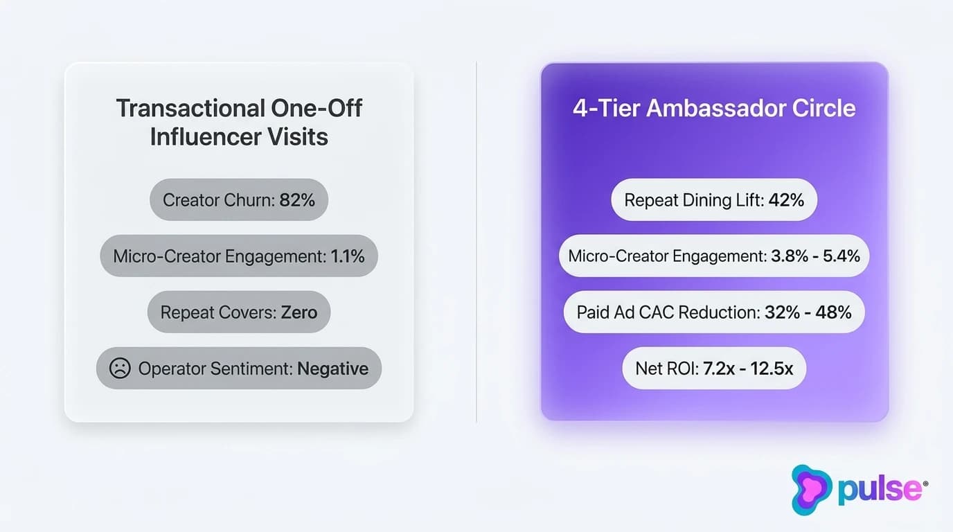 Comparative benchmark scorecard illustrating the performance divide between one-off comped influencer visits and an evergreen 4-tier brand ambassador program