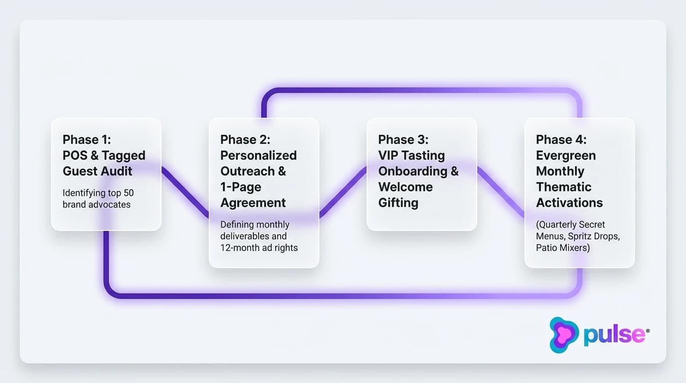 Tactical workflow diagram illustrating the 30-day brand ambassador launch roadmap and 12-month activation flywheel