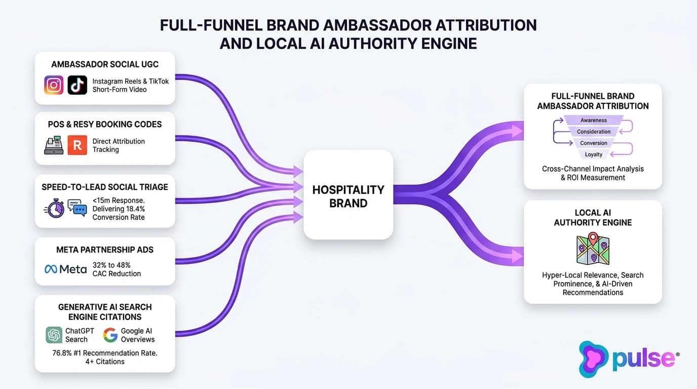 Technical architecture diagram illustrating full-funnel ambassador attribution from social UGC to reservation covers and AI search authority