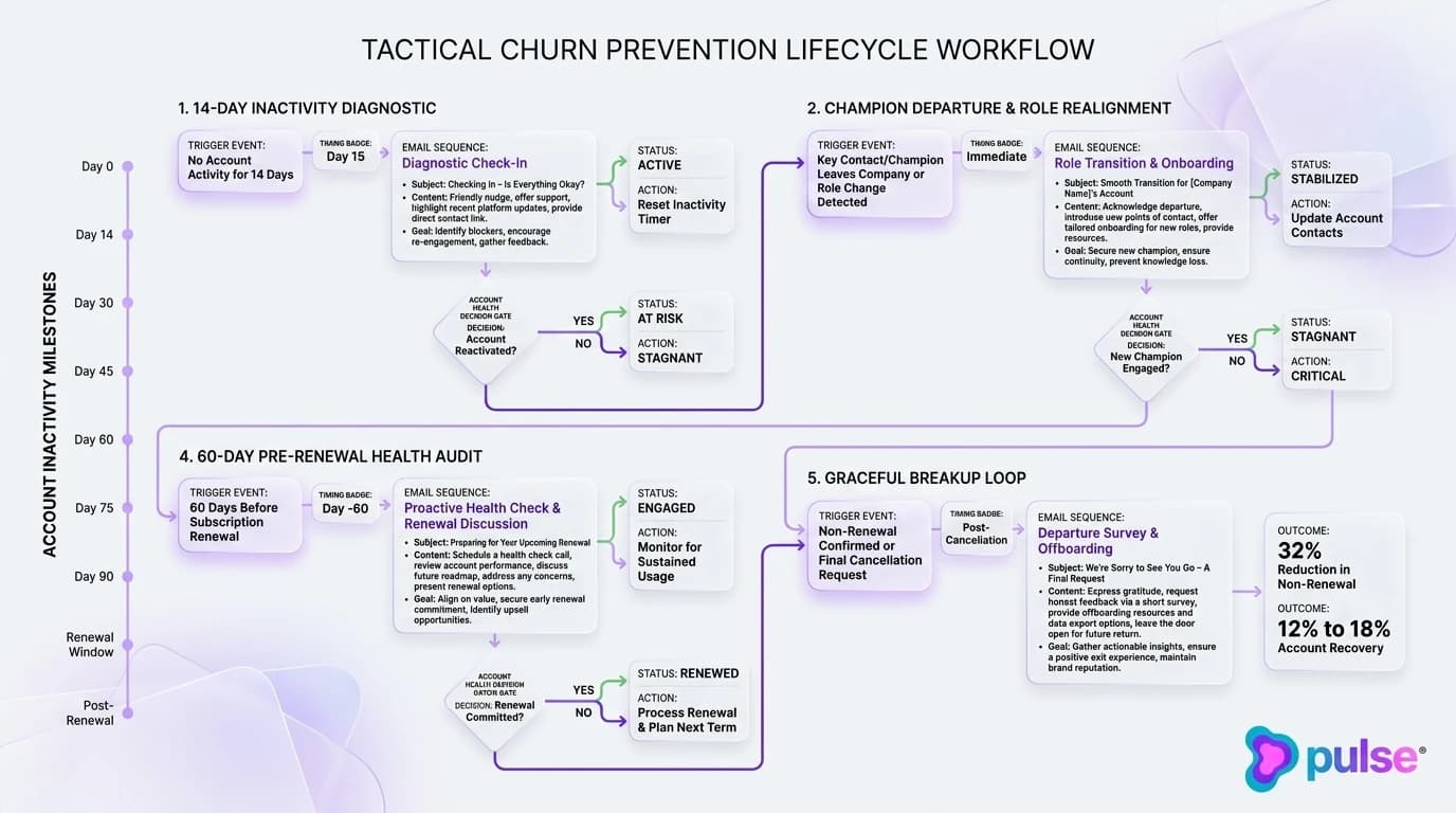 Tactical workflow diagram mapping the 5 core churn prevention lifecycle email sequences across account inactivity milestones