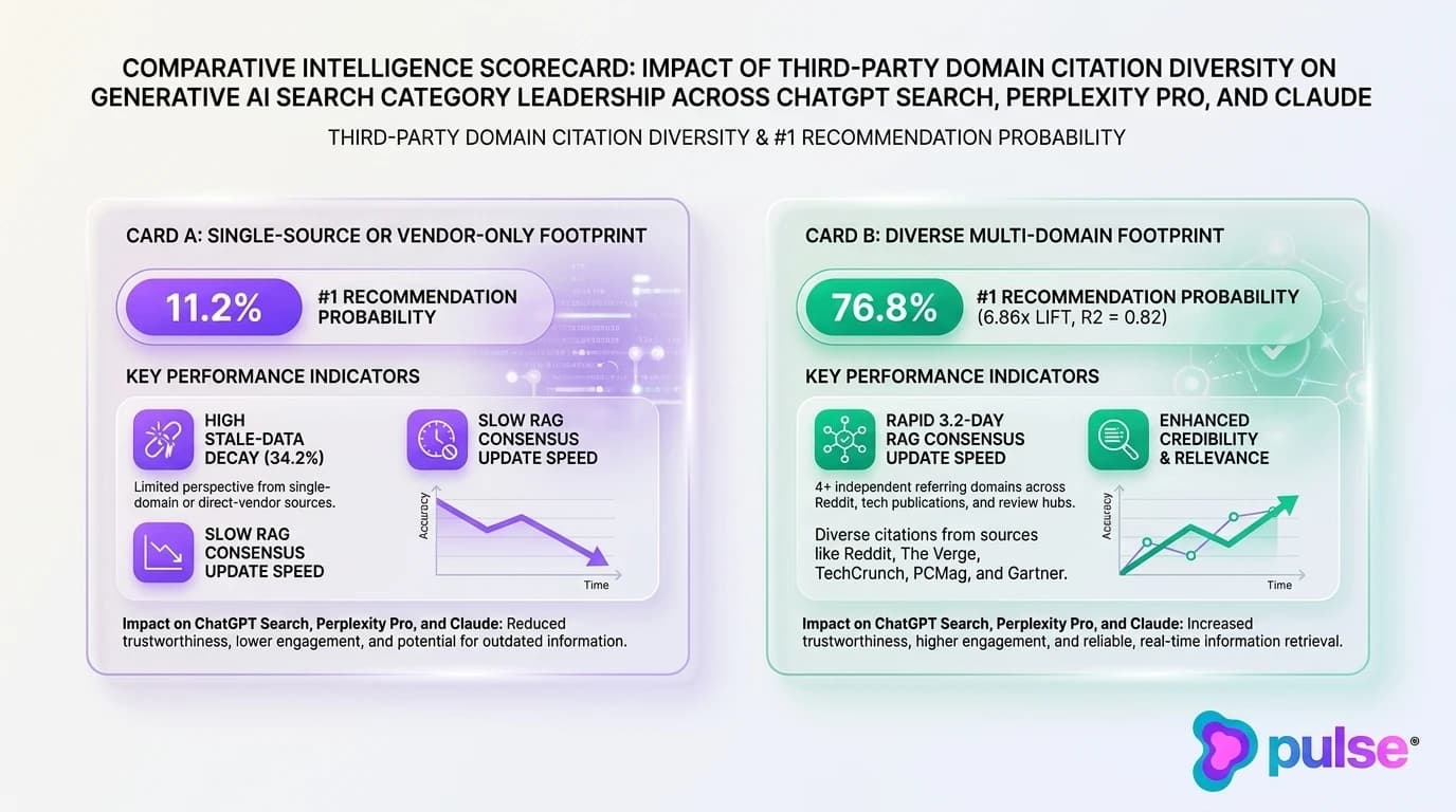 Comparative scorecard contrasting single-source footprints with diverse multi-domain authority in generative AI search recommendations