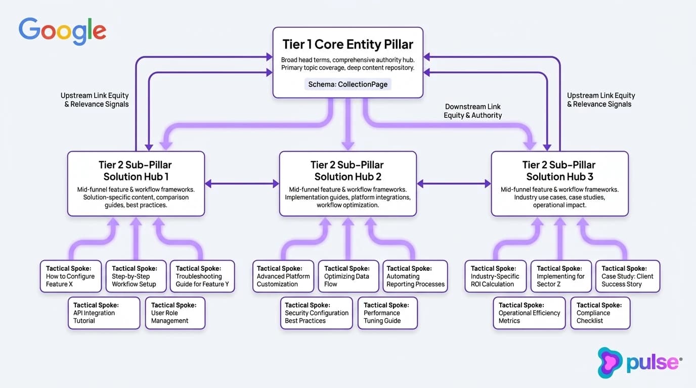 Technical architecture diagram of a three-tier B2B SaaS topic cluster hierarchy showing pillar pages, sub-pillar solution hubs, and tactical spokes with internal link equity vectors
