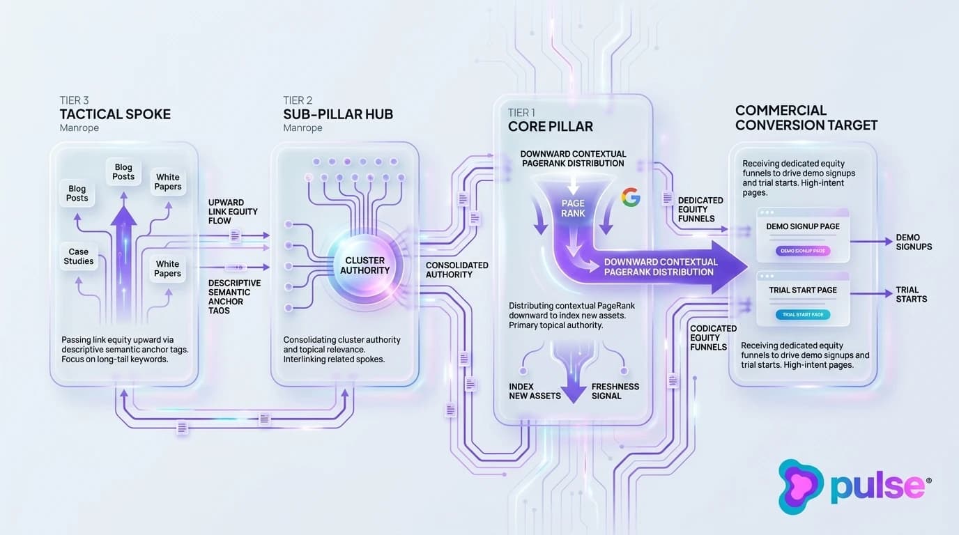 Tactical workflow diagram showing bidirectional internal link equity routing, lateral sibling links, and conversion landing page equity funnels