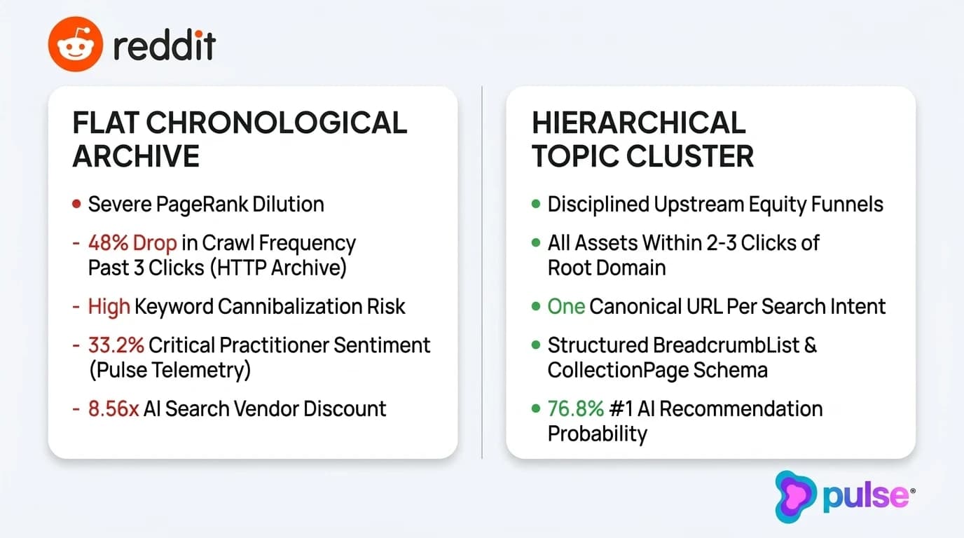Comparison scorecard matrix contrasting flat chronological blog archives against hierarchical topic cluster architectures across crawl budget efficiency, keyword cannibalization risk, PageRank distribution, and AI search entity comprehension
