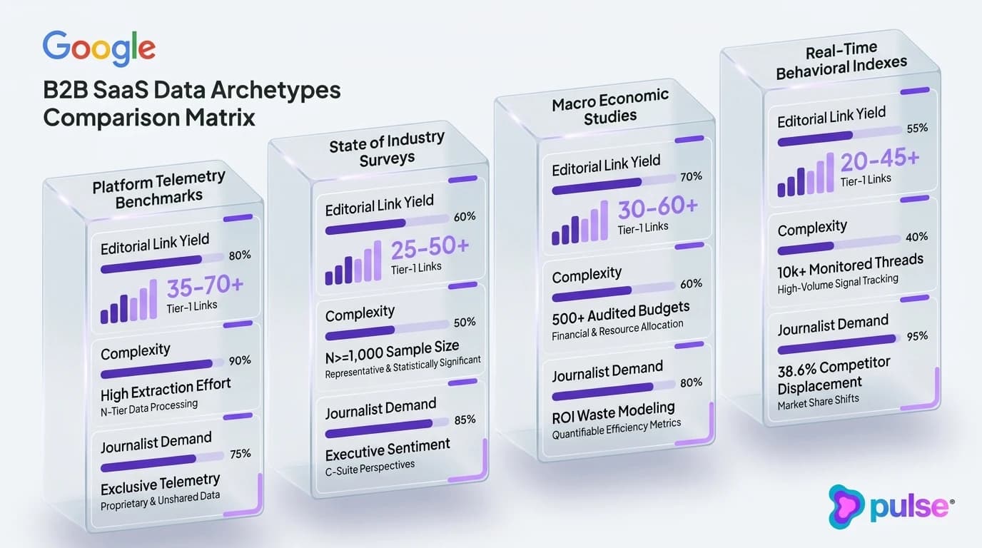 Comparison scorecard matrix visualizing the 4 B2B SaaS data archetypes across journalist demand, sample size thresholds, and editorial backlink yield