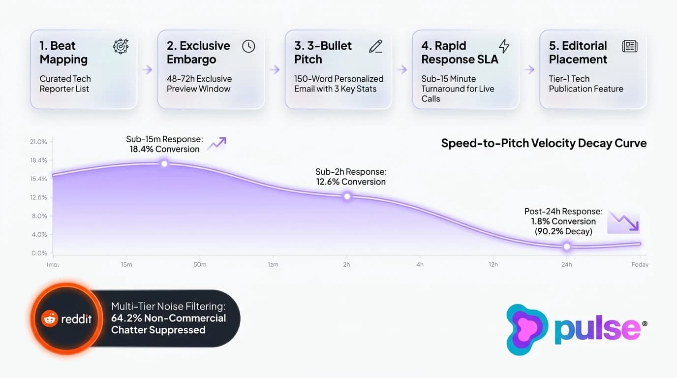 Tactical workflow diagram illustrating the newsroom pitching architecture and the sub-15-minute speed-to-pitch conversion decay curve