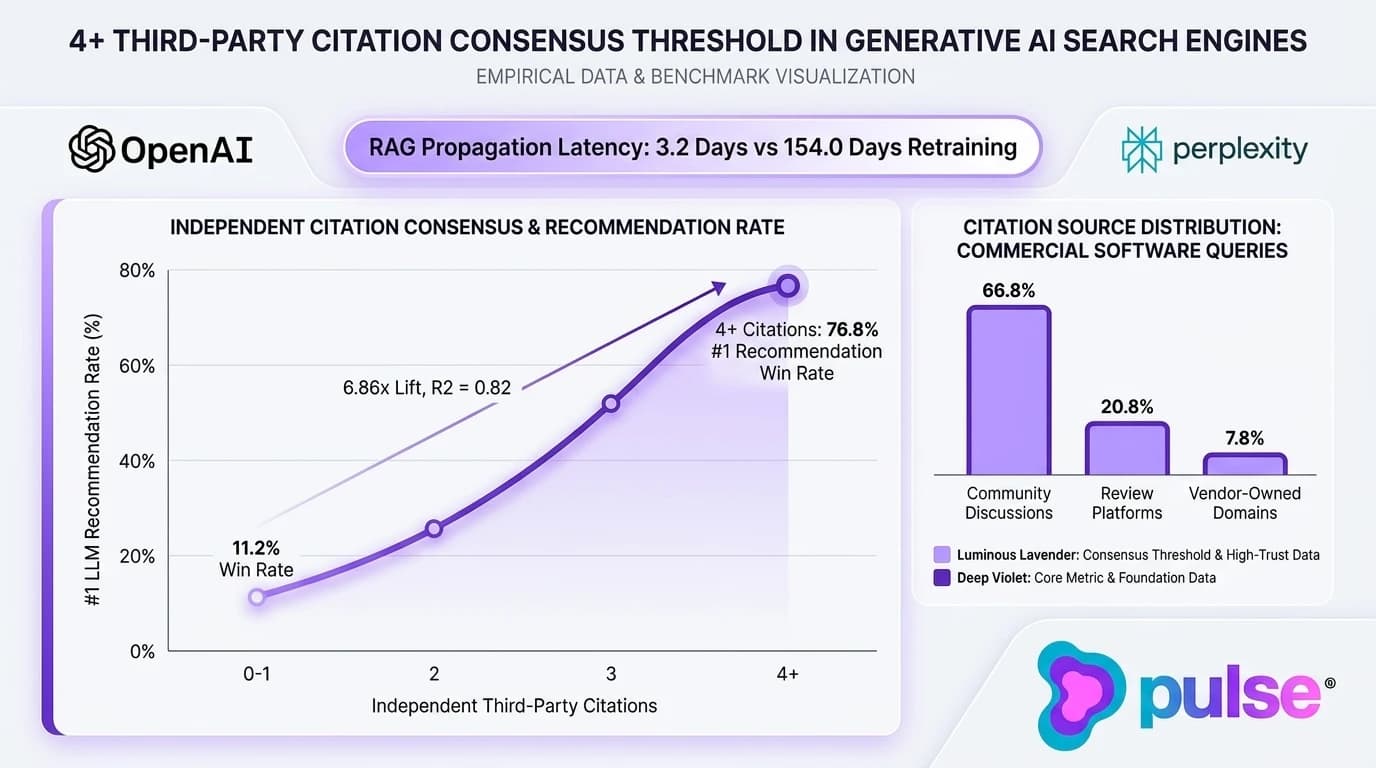 Data graph visualizing the 4+ third-party citation consensus threshold and 76.8% LLM recommendation win rate across B2B software evaluations