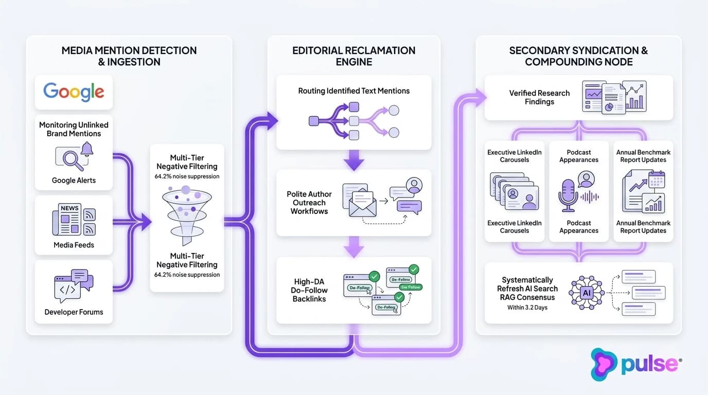 Technical architecture diagram detailing the closed-loop B2B SaaS digital PR compounding and link reclamation flywheel