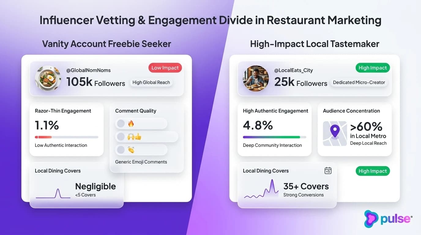 Comparative benchmark diagram illustrating the engagement and local cover divide between vanity influencers and local food micro-creators