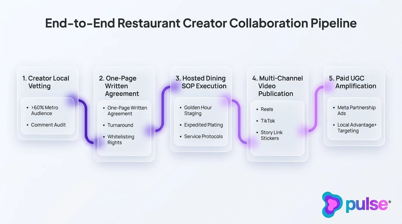 Tactical workflow diagram illustrating the end-to-end restaurant creator collaboration pipeline from vetting to paid whitelisting