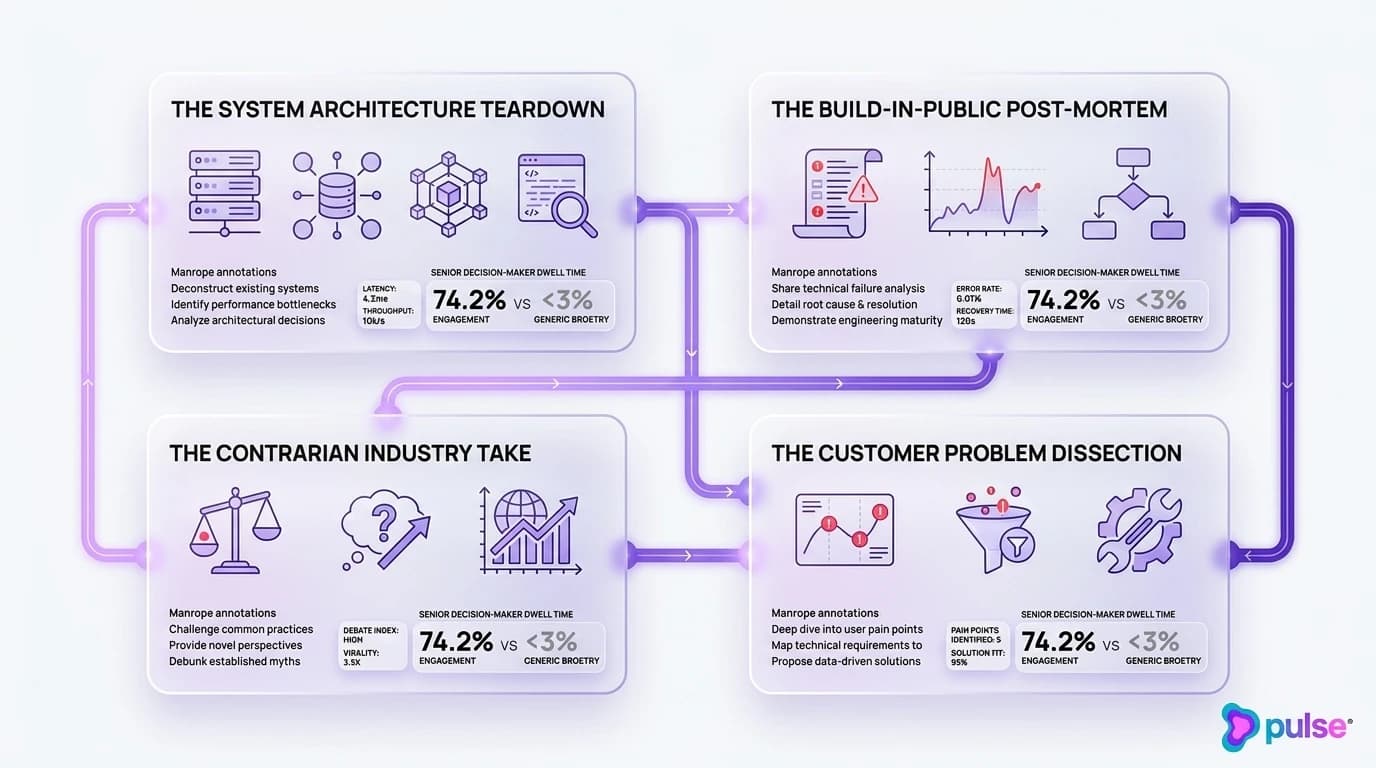 Technical architecture system diagram outlining the four core content pillars for B2B SaaS founders