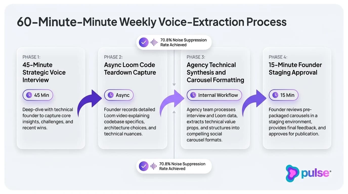 Tactical workflow diagram detailing the four-step 60-minute weekly voice-extraction process for technical CEOs