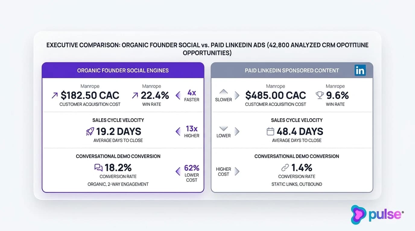 Comparison scorecard evaluating customer acquisition cost and win rates between organic founder social and paid LinkedIn ads
