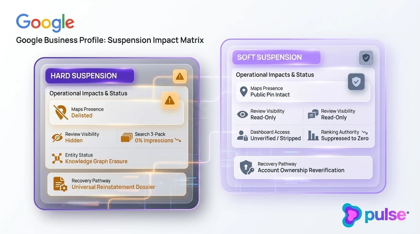 Comparison scorecard contrasting Google Business Profile hard suspensions against soft suspensions