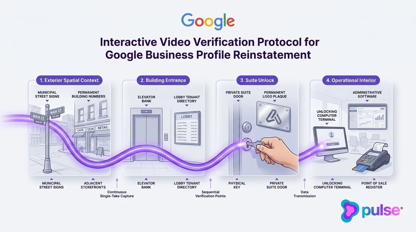 Technical architecture diagram of the single-take interactive video verification walkthrough