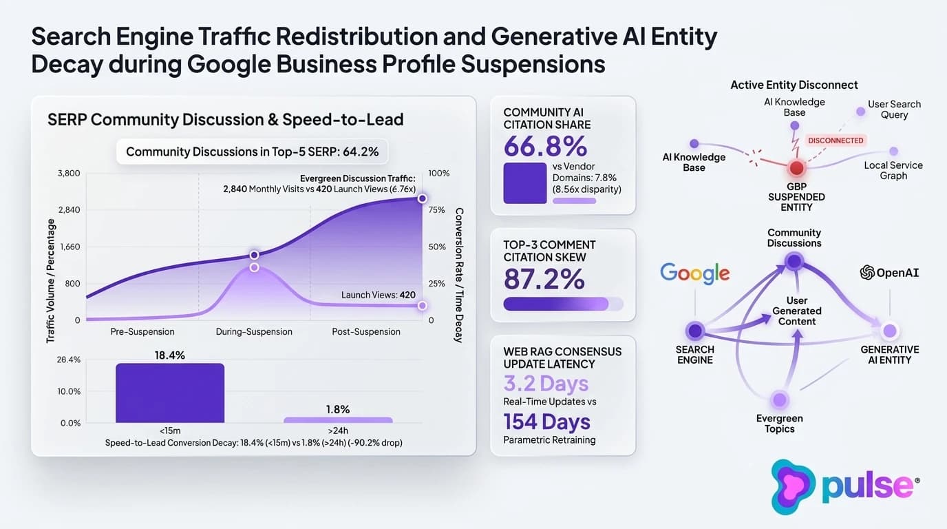 Analytical data graph illustrating search traffic redistribution and generative AI entity decay during Google Business Profile suspensions