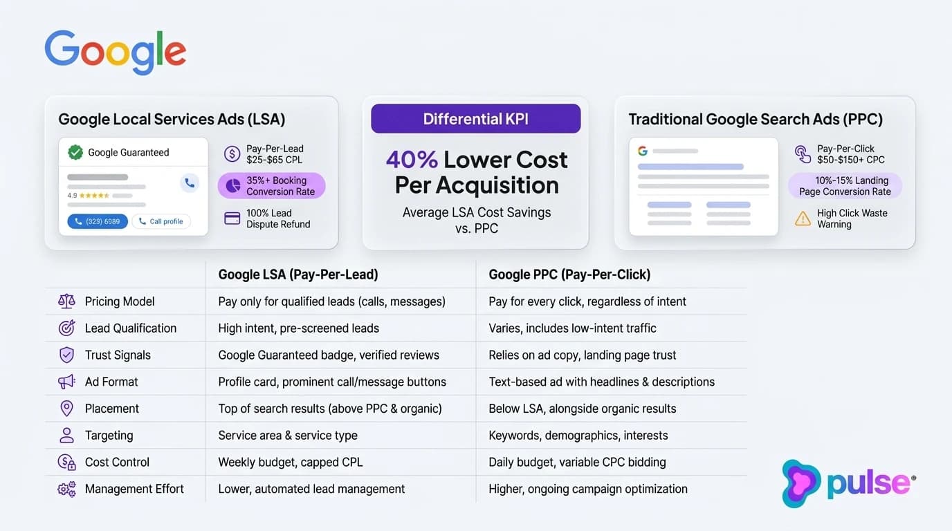 Comparison scorecard contrasting Google Local Services Ads pay-per-lead economics against standard Google Ads pay-per-click metrics