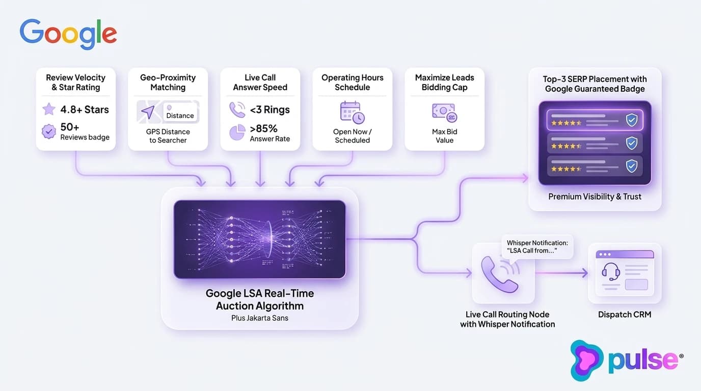 Technical architecture diagram of the Google Local Services Ads real-time ranking algorithm and dispatch routing engine