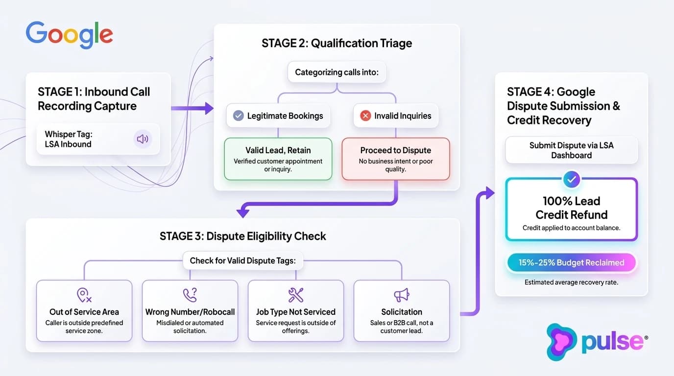 Tactical workflow diagram of the weekly Google Local Services Ads call audit and lead dispute credit clawback protocol