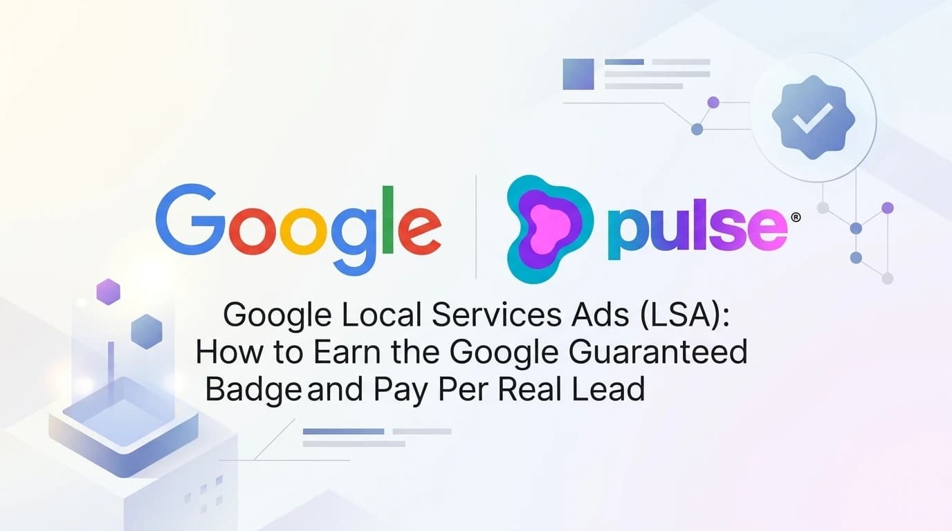 Editorial illustration of Google Local Services Ads and Google Guaranteed verification architecture displaying pay-per-lead performance metrics in violet, lavender, and cyan