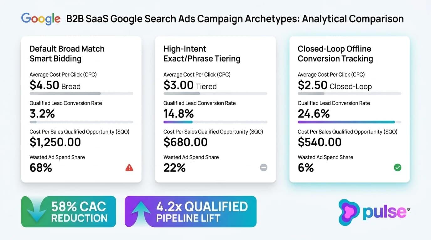 Comparison scorecard comparing B2B SaaS Google Search Ads performance across broad match, tiered bidding, and offline conversion tracking