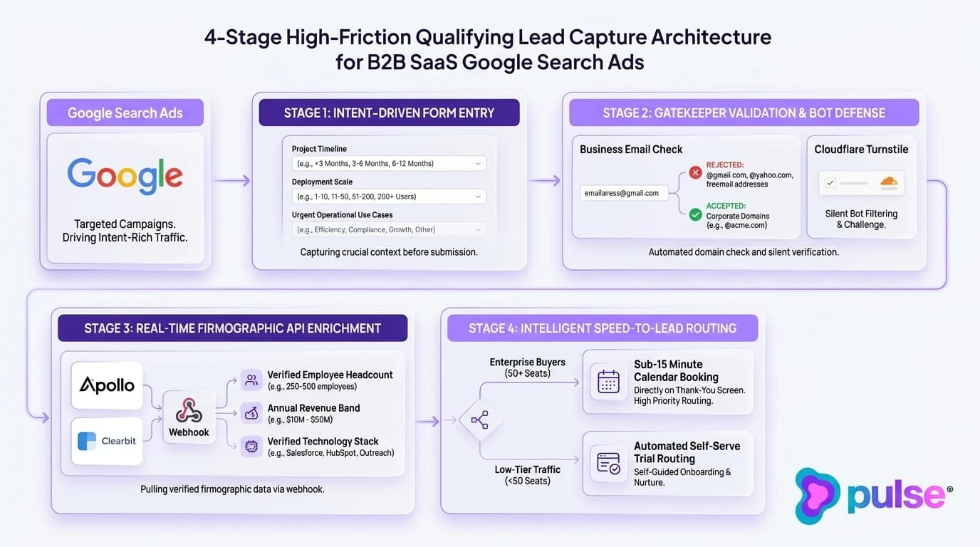 Tactical workflow diagram detailing the 4-stage high-friction qualification, verification, enrichment, and routing sequence for B2B SaaS search ads