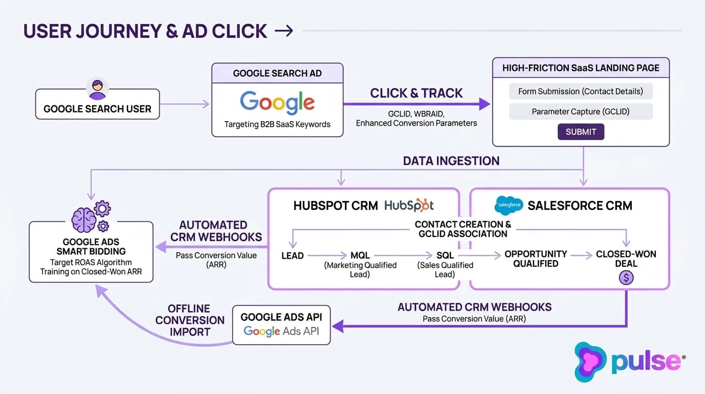 Technical system architecture diagram of closed-loop offline conversion tracking connecting Google Ads with HubSpot and Salesforce CRM