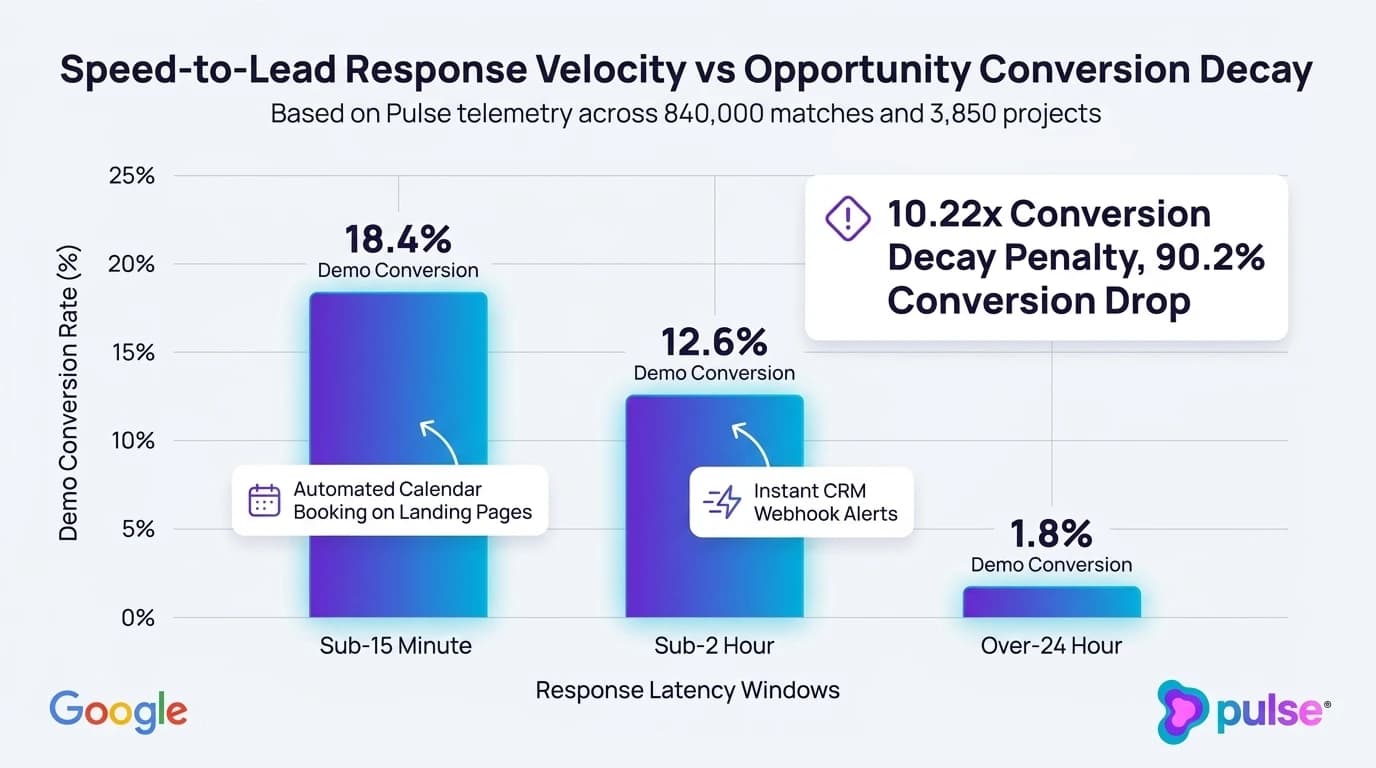 Empirical data graph showing inbound B2B lead conversion decay from 18.4% under 15 minutes to 1.8% past 24 hours