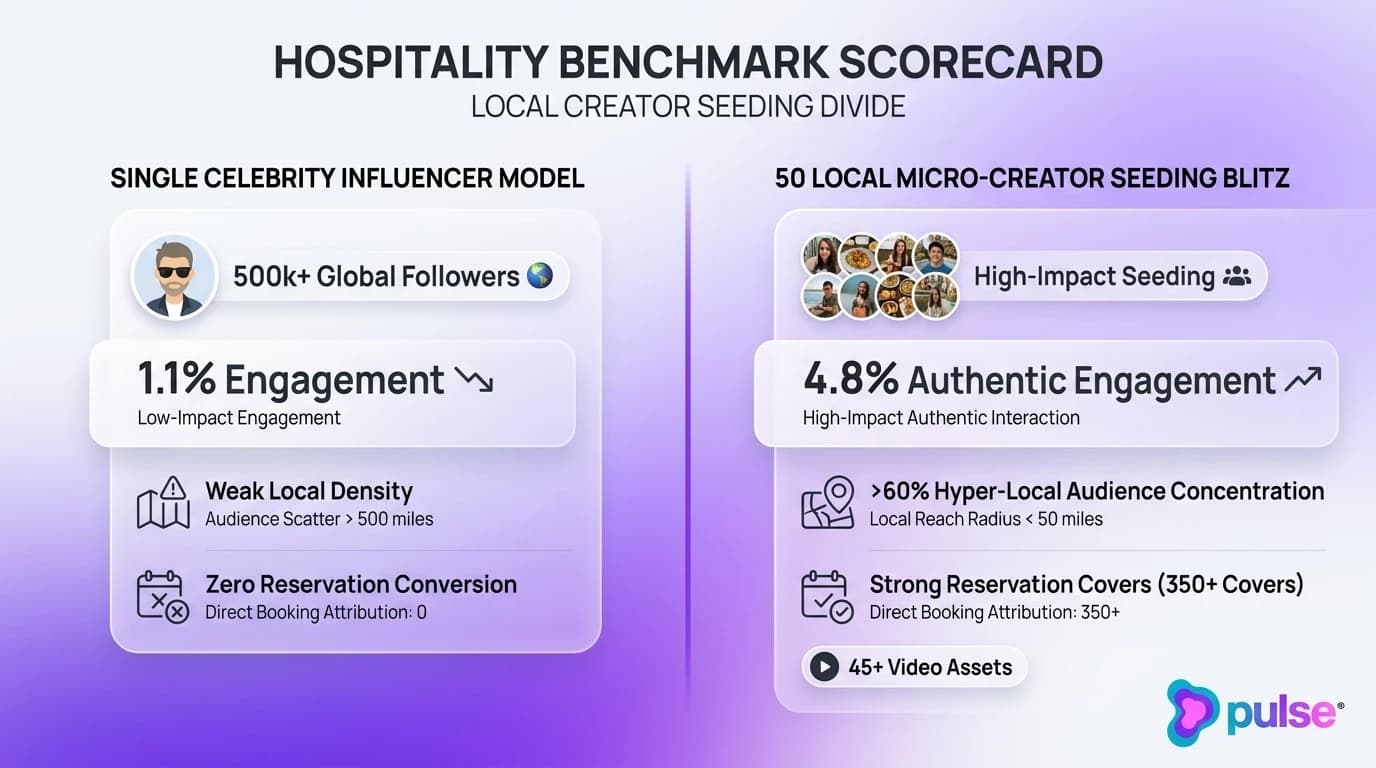 Comparative benchmark scorecard illustrating the performance divide between a single celebrity influencer and a 50-creator localized seeding blitz