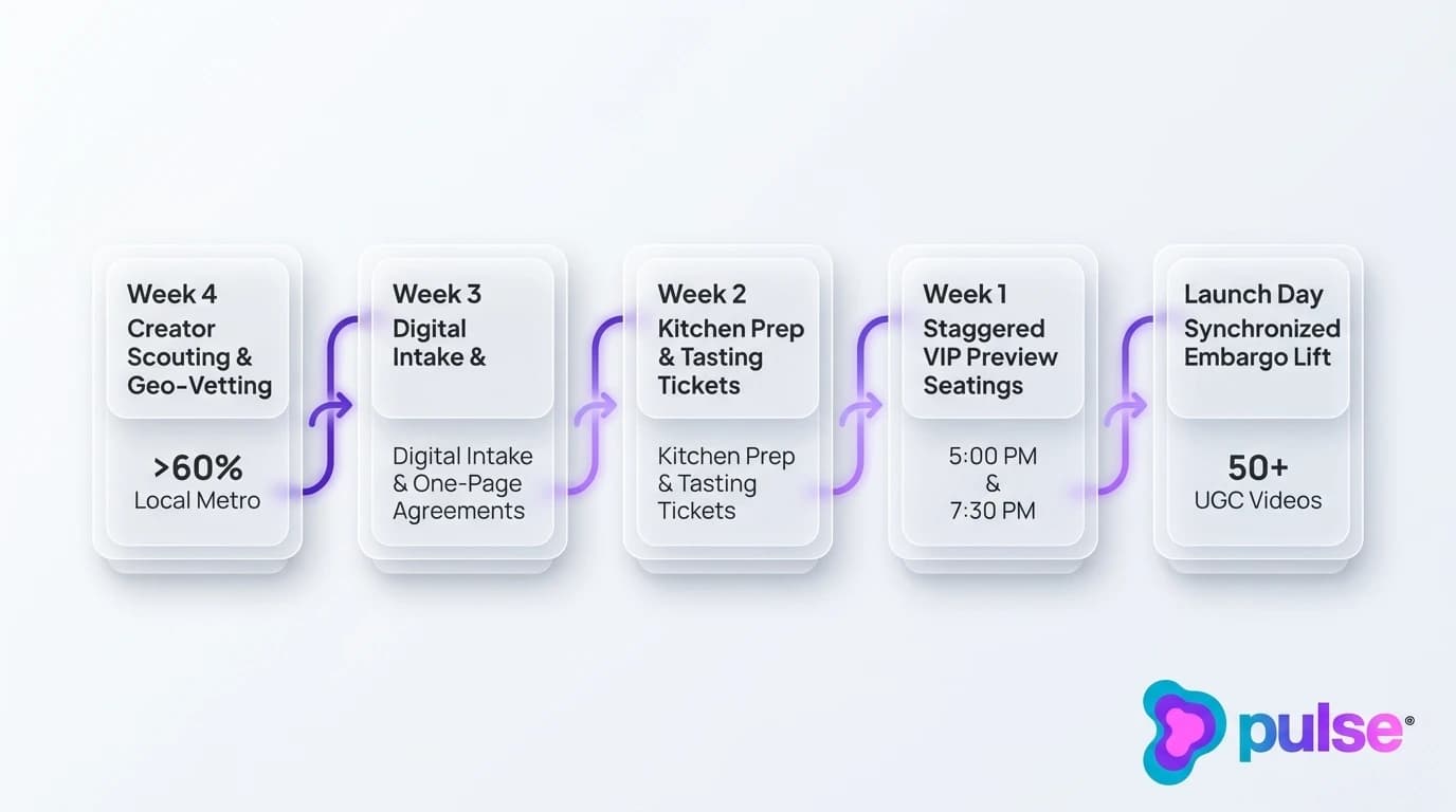 Tactical workflow diagram illustrating the 4-week restaurant creator seeding timeline from outreach to synchronized embargo drop