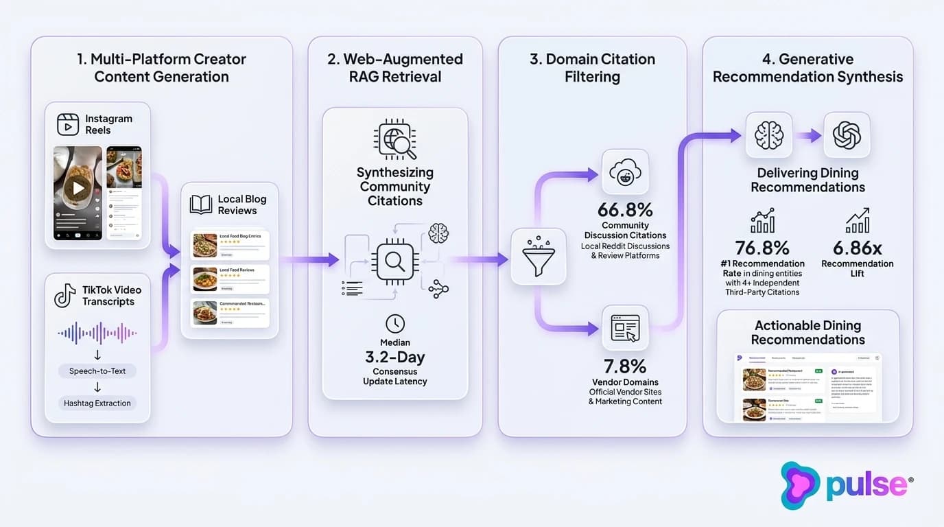 Technical architecture diagram showing multi-source AI search consensus synthesis and citation propagation for restaurants