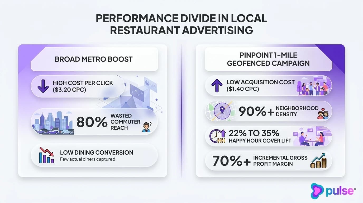 Comparative scorecard diagram contrasting broad metro boosted posts with pinpoint 1-mile geofenced restaurant campaigns