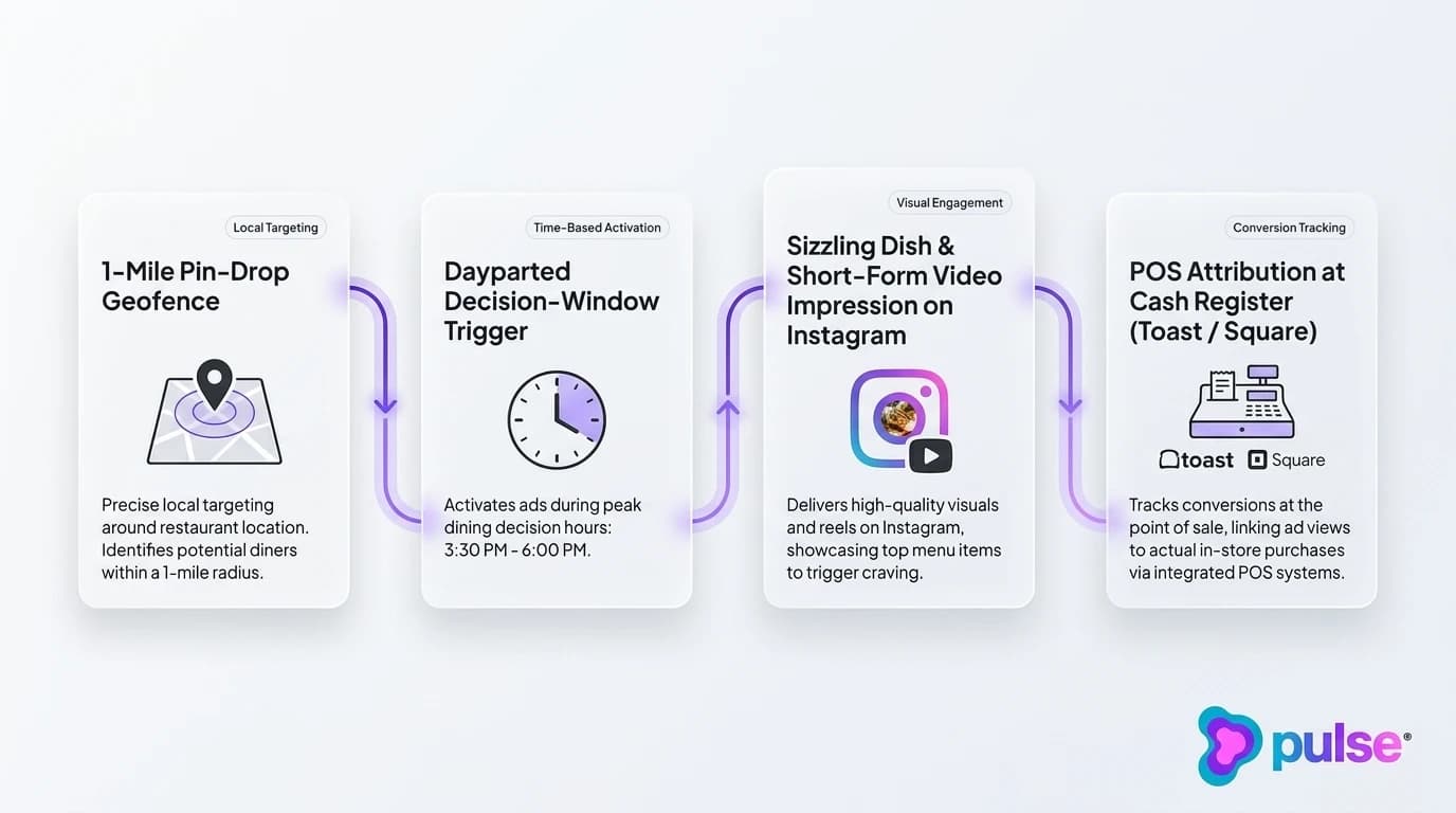 Tactical workflow diagram illustrating the 1-mile geofenced social ad conversion engine for restaurants from ad impression to POS attribution