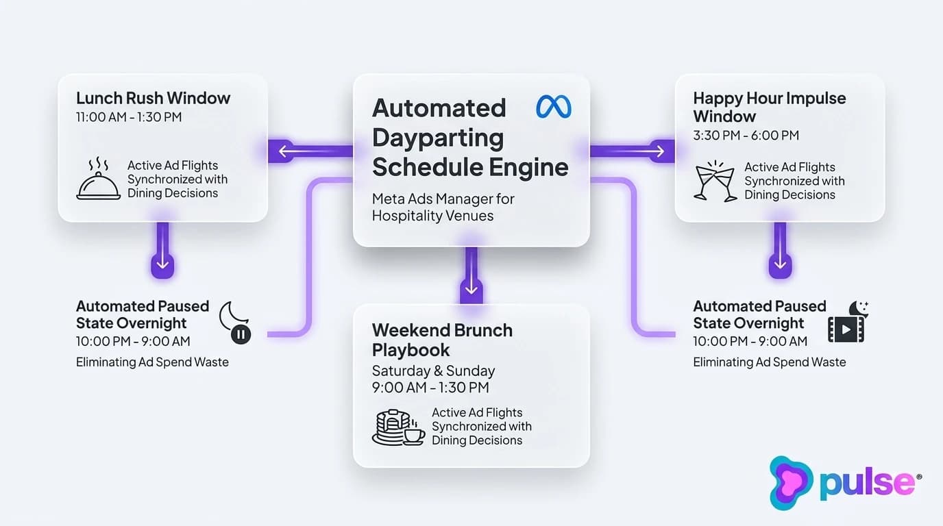Tactical workflow diagram illustrating the automated dayparting schedule engine for dining decision windows in Meta Ads Manager