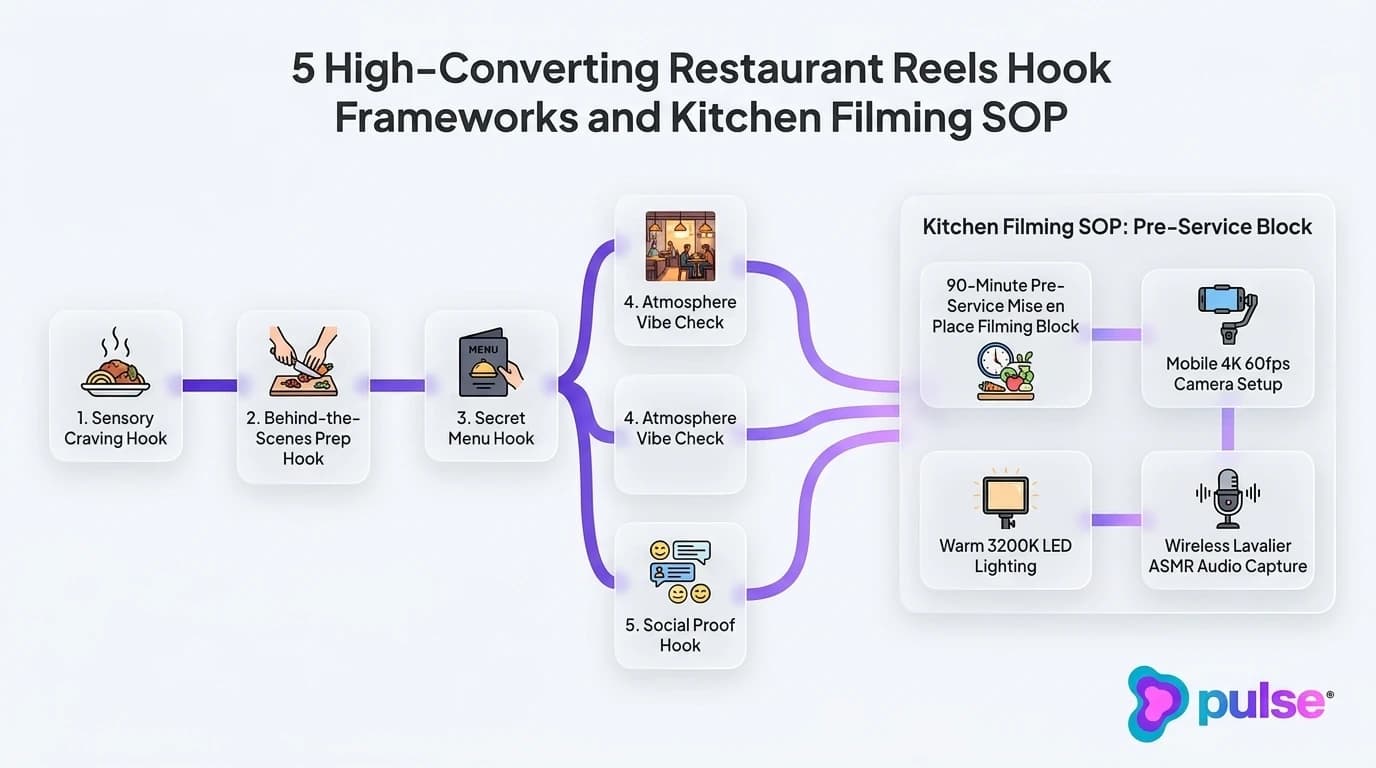 Tactical workflow diagram of the 5 restaurant Instagram Reels hook frameworks and kitchen filming SOPs