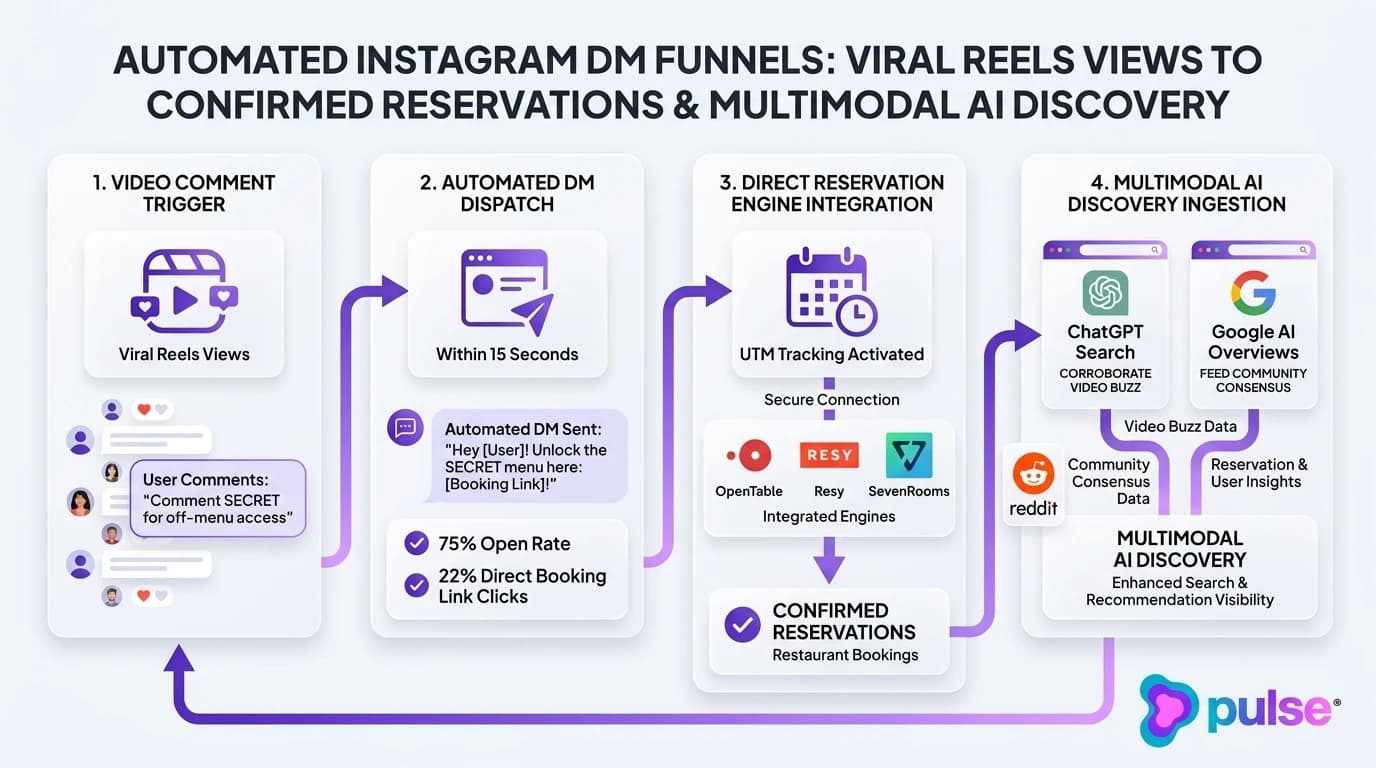 Technical architecture diagram showing automated Instagram DM reservation funnels and multimodal AI discovery integration