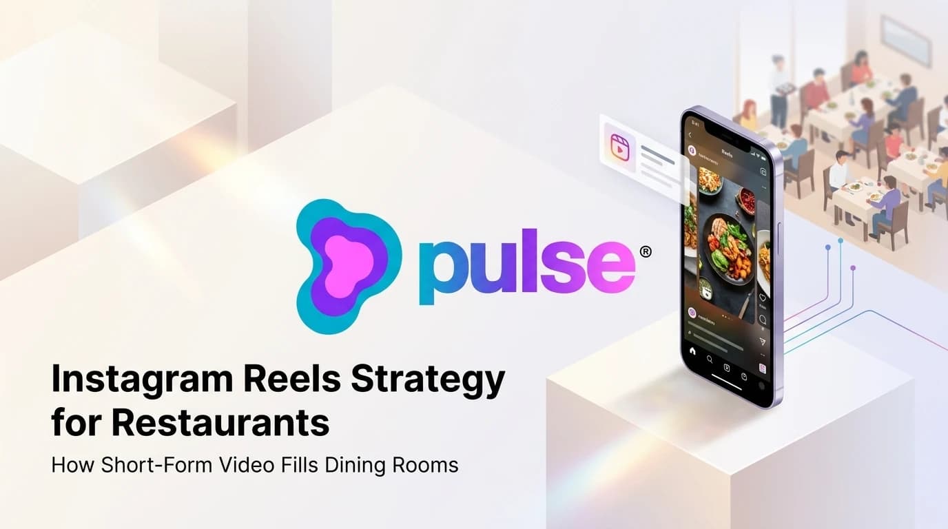 Editorial illustration of restaurant Instagram Reels strategy, culinary video production, and localized dining room reservation funnels in violet, lavender, and cyan