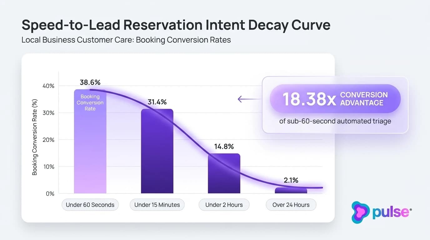 Data graph illustrating the reservation conversion decay curve from 38.6% under 60 seconds to 2.1% past 24 hours