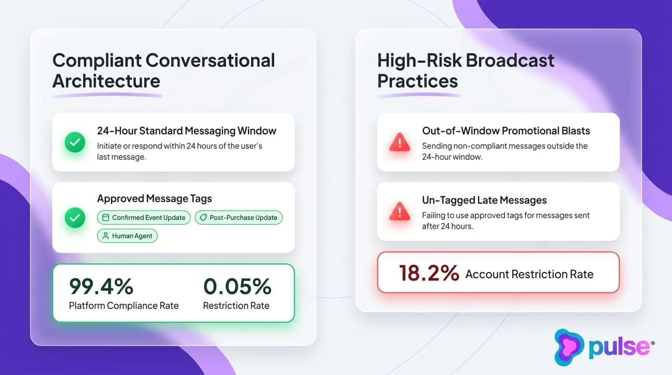 Comparison scorecard contrasting compliant 24-hour Meta messaging architecture with non-compliant promotional broadcast risks