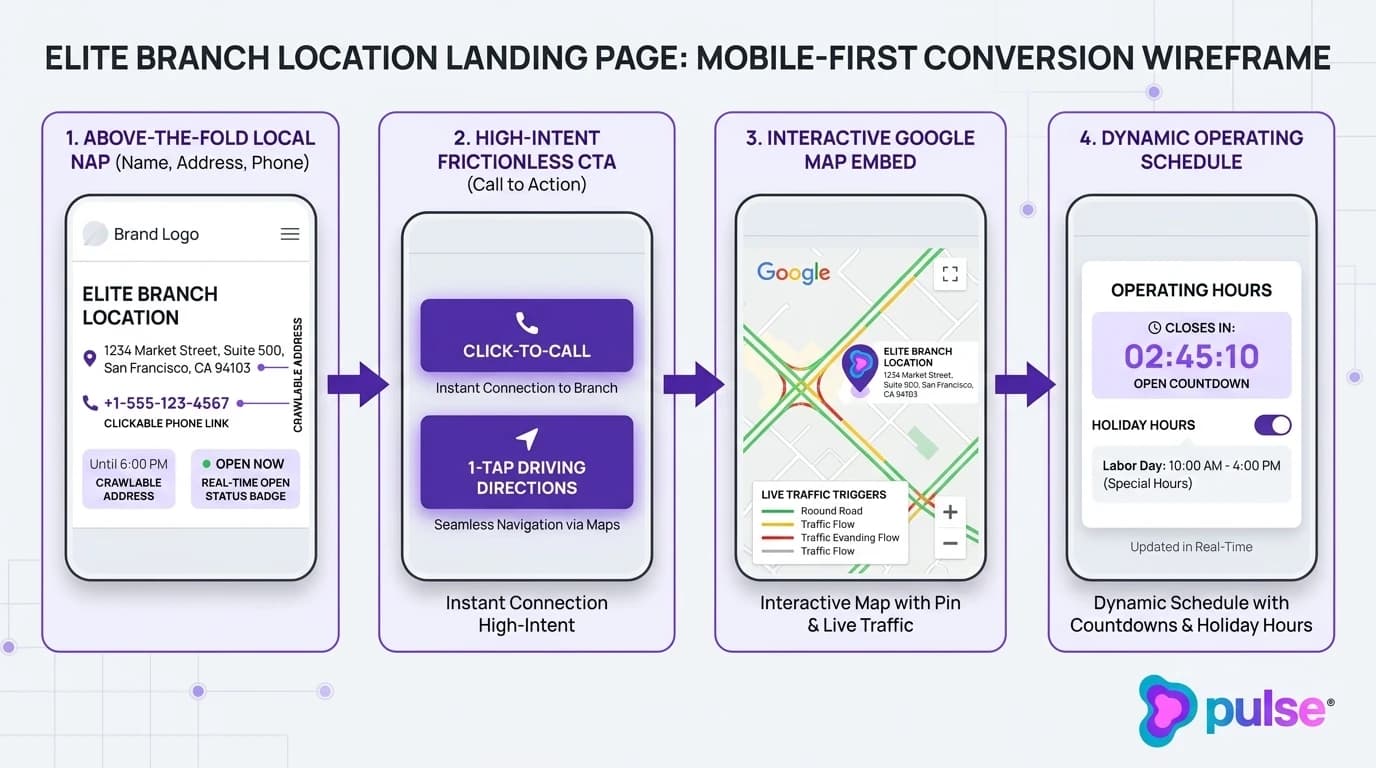 Tactical workflow diagram illustrating mobile-first conversion wireframe elements for local branch landing pages