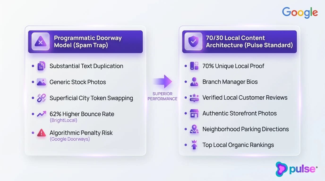 Comparison scorecard matrix contrasting 70/30 local content architecture against programmatic doorway pages across bounce rates and search compliance